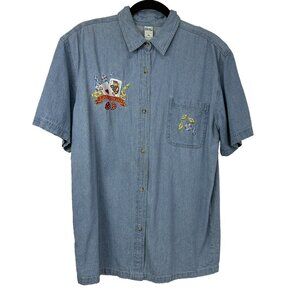 Vtg Bay Beauty Women's Las Vegas Denim Button Up Shirt Shoulder Pads XXL Blue